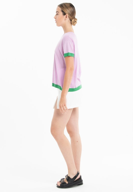 T shirt col rond manches courtes femme en cachemire & laine ultrafin lavande & vert - KELLY 1